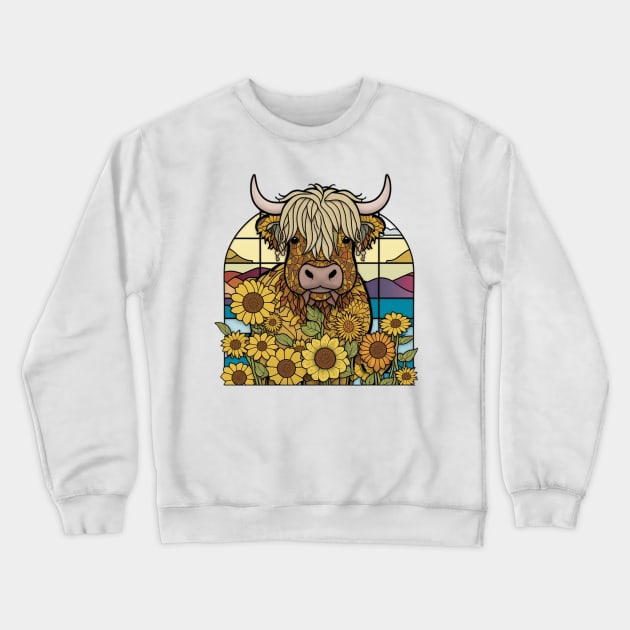 Sunflower Stained Glass Highland Cow #5 Crewneck Sweatshirt by Chromatic Fusion Studio